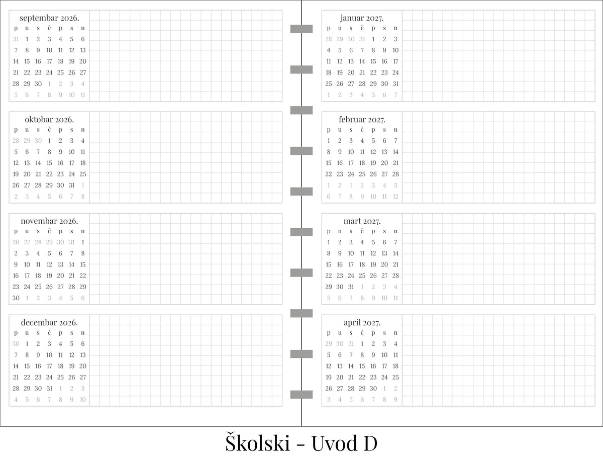 Školski planer bez dela za beleške (A5)
