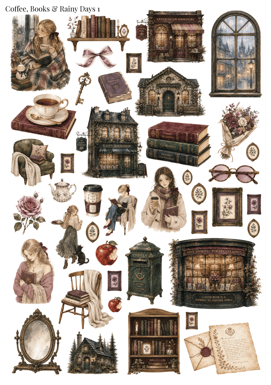 Stikeri "Coffee, Books & Rainy Days 1"